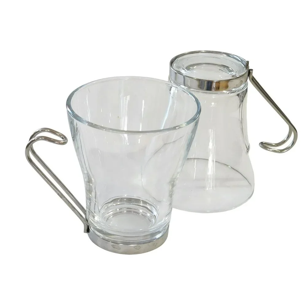 Vintage Clear Glass Cappuccino Expresso Tea Cup Coffee Mug Set of 7 Metal Handle